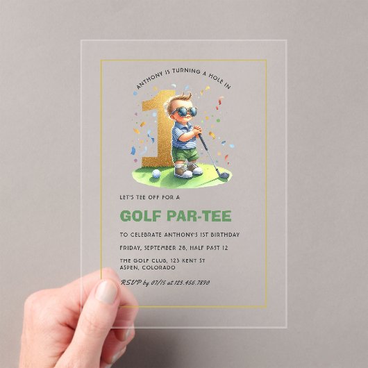Hole in One Golf 1st Birthday Boy Acryl Uitnodigingen (Insitu (Draagbaar))