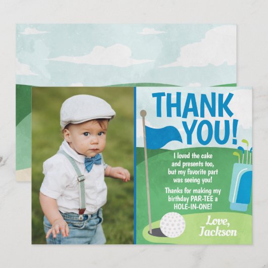 Hole in One Golf Dank u kaart Eerste Verjaardag (Voorkant / Achterkant)