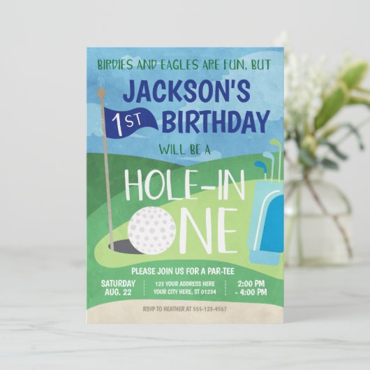 Hole in One Golf Invitation First Birthday Party Kaart (Staand voorkant)