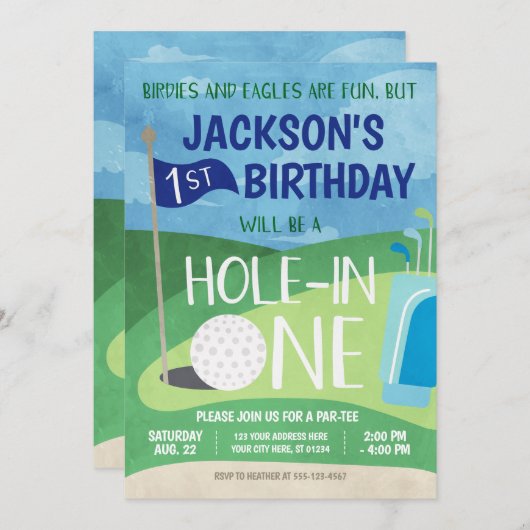 Hole in One Golf Invitation First Birthday Party Kaart (Voorkant / Achterkant)
