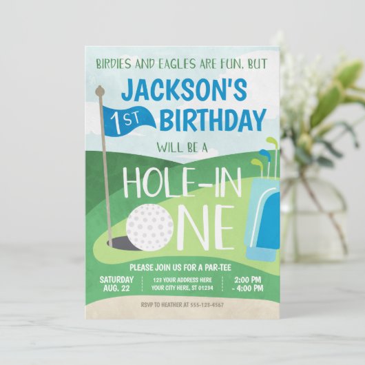 Hole in One Golf Invitation First Birthday Party Kaart (Staand voorkant)