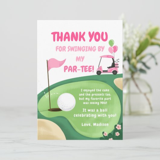 Hole In One Golf Meisje Roze Par-Tee Bedanktkaart Kaart (Staand voorkant)