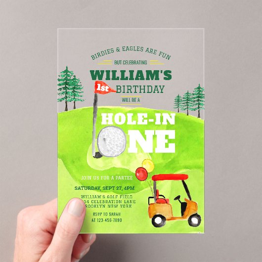 Hole in One Golf Par-t-shirt 1e Verjaardagsuitnodi Acryl Uitnodigingen (Insitu (Draagbaar))