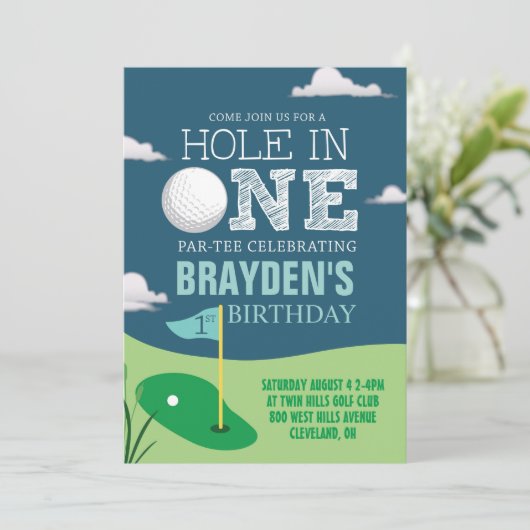 Hole in One Golf Theme Boys First Birthday Kaart (Staand voorkant)