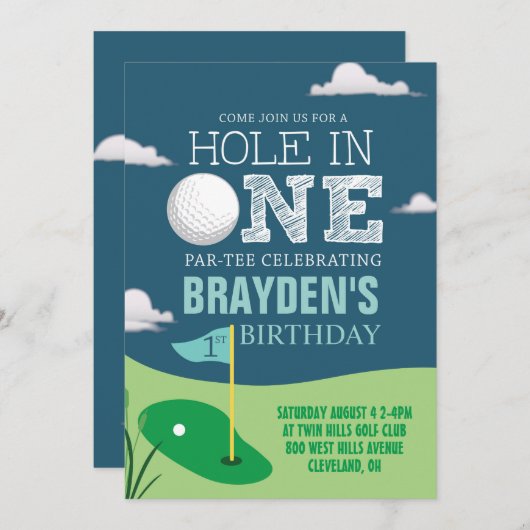 Hole in One Golf Theme Boys First Birthday Kaart (Voorkant / Achterkant)