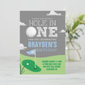 Hole in One Gray Golf Theme Boys First Birthday Kaart (Staand voorkant)