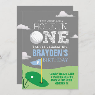 Hole in One Gray Golf Theme Boys First Birthday Kaart