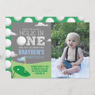 Hole in One Gray Golf Theme Boys First Birthday Kaart
