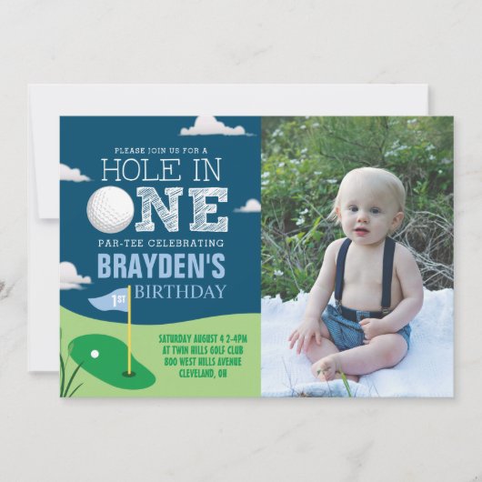 Hole in One Navy Golf Theme Jongens Eerste Verjaar Kaart (Voorkant)