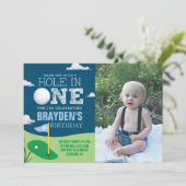 Hole in One Navy Golf Theme Jongens Eerste Verjaar Kaart (Staand voorkant)