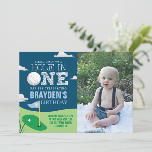 Hole in One Navy Golf Theme Jongens Eerste Verjaar Kaart (Staand voorkant)