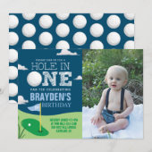 Hole in One Navy Golf Theme Jongens Eerste Verjaar Kaart (Voorkant / Achterkant)