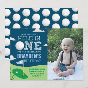 Hole in One Navy Golf Theme Jongens Eerste Verjaar Kaart