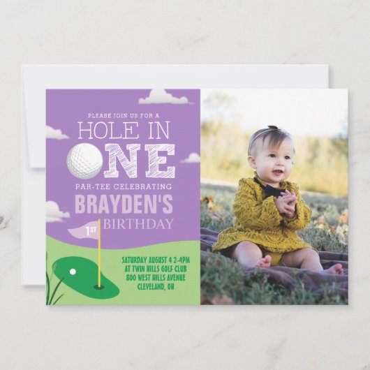 Hole in One Paarse Golf Theme Meisjes Eerste Verja Kaart (Voorkant)