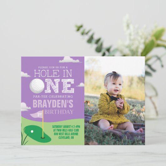 Hole in One Paarse Golf Theme Meisjes Eerste Verja Kaart (Staand voorkant)