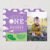 Hole in One Paarse Golf Theme Meisjes Eerste Verja Kaart (Voorkant / Achterkant)