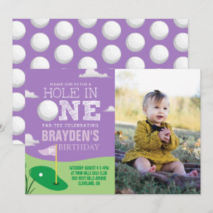 Hole in One Paarse Golf Theme Meisjes Eerste Verja Kaart