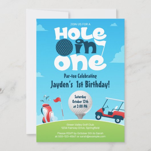 Hole in One Par t-shirt Groen Blauw Golfverjaardag Kaart (Voorkant)