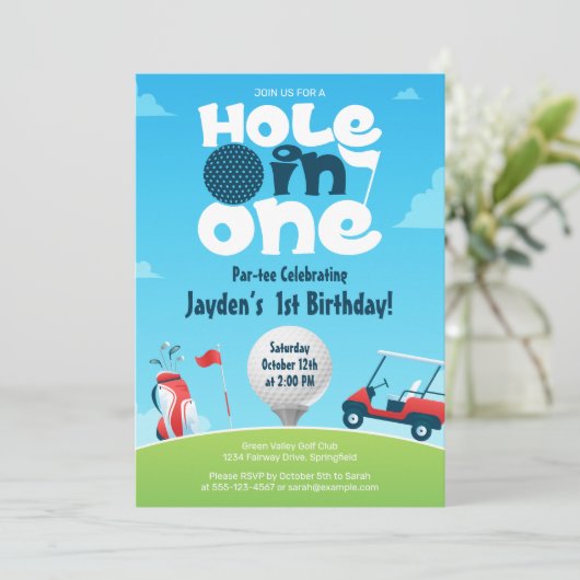 Hole in One Par t-shirt Groen Blauw Golfverjaardag Kaart (Staand voorkant)