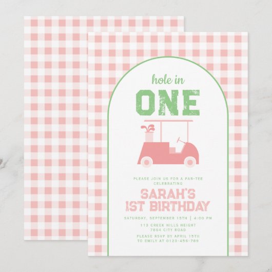 Hole in One Par T-shirt Meisjes 1e Verjaardagsuitn Kaart (Voorkant / Achterkant)