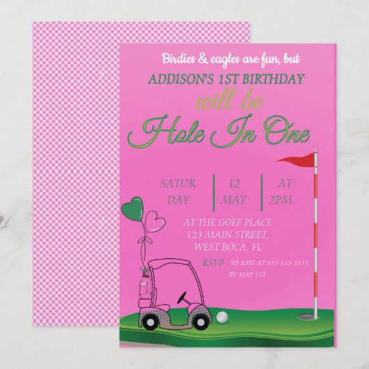 Hole In One Pink Golf 1e meisje Verjaardag Uitnodi Kaart (Voorkant / Achterkant)