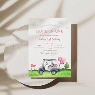 Hole-in-One Pink Golf 1e verjaardag uitnodiging