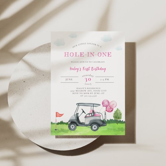 Hole-in-One Pink Golf 1e verjaardag uitnodiging