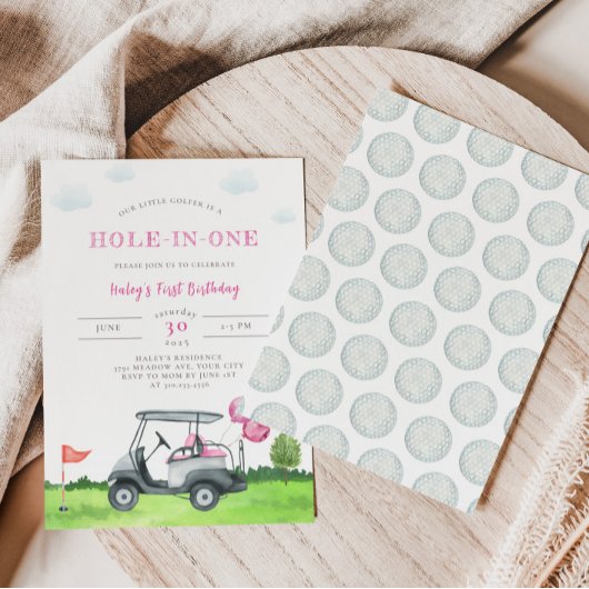 Hole-in-One Pink Golf 1e verjaardag uitnodiging