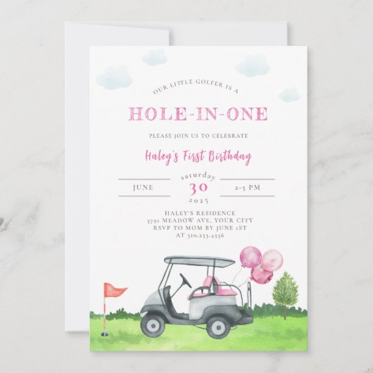 Hole-in-One Pink Golf 1e verjaardag uitnodiging (Voorkant)