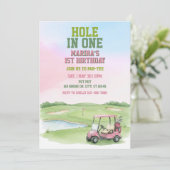 Hole In One, Pink Golf 1st Birthday Kaart (Staand voorkant)