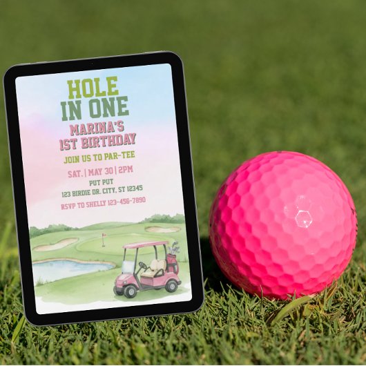 Hole In One, Pink Golf 1st Birthday Kaart