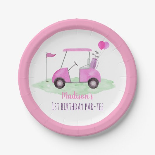 Hole in One Pink Golf First Birthday Par-t-shirt Papieren Bordje (Voorkant)