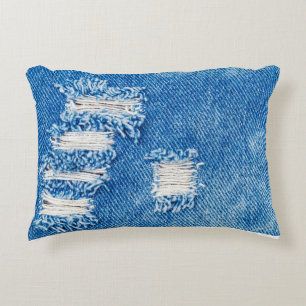 Hole op Denim Jeans. Ripped Destroyed Torn Blue je Accent Kussen