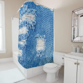 Hole op Denim Jeans. Ripped Destroyed Torn Blue je Douchegordijn (In situ)