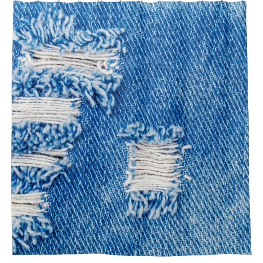 Hole op Denim Jeans. Ripped Destroyed Torn Blue je Douchegordijn (Voorkant)