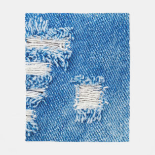 Hole op Denim Jeans. Ripped Destroyed Torn Blue je Fleece Deken