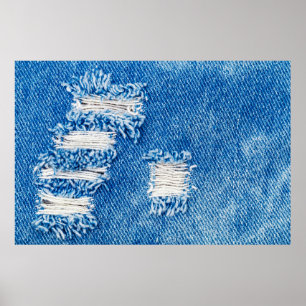Hole op Denim Jeans. Ripped Destroyed Torn Blue je Poster