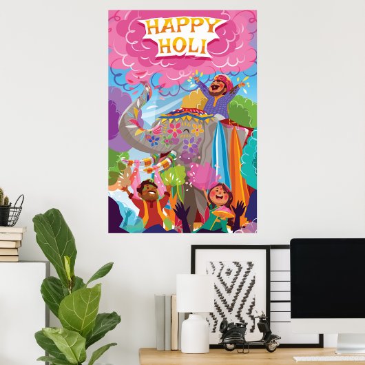 Holi Hai Painted Elephant in Crowd Poster (Thuiskantoor)