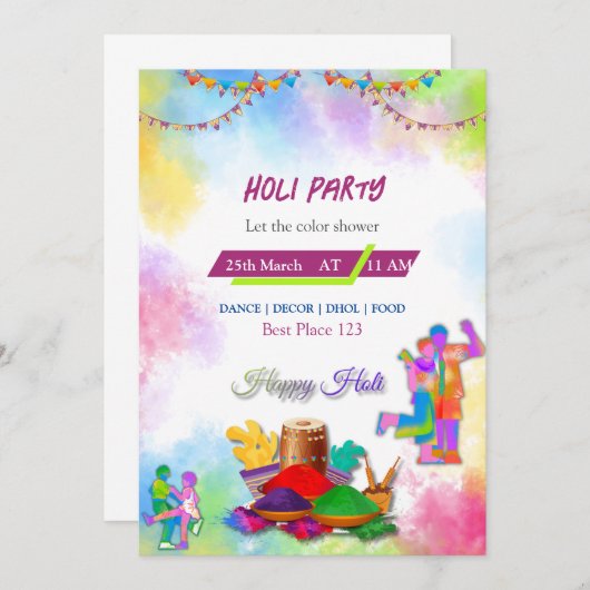 Holi Invitation Kaart (Voorkant / Achterkant)
