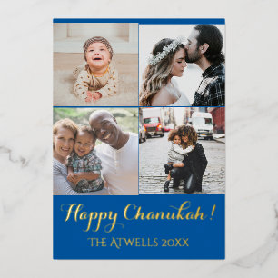 Holiday 4 Foto's Happy Chanukah Pattern Blue Folie Feestdagenkaart