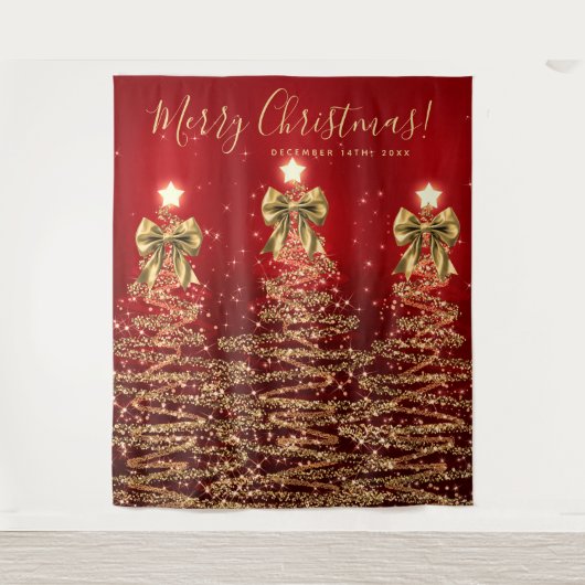 Holiday Backdrop Gold Red Christmas Trees w/ Bows Wandkleed (Voorkant)
