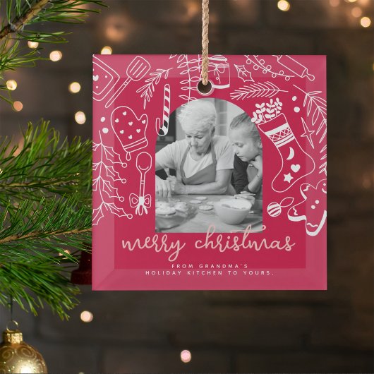 Holiday Baking Red Hand Drawn Christmas Photo Glas Ornament