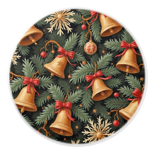 Holiday Bells, Decorative Christmas Pattern, Keramische Knop (Voorkant)