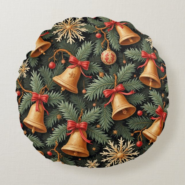 Holiday Bells, Decorative Christmas Pattern, Rond Kussen (Voorkant)