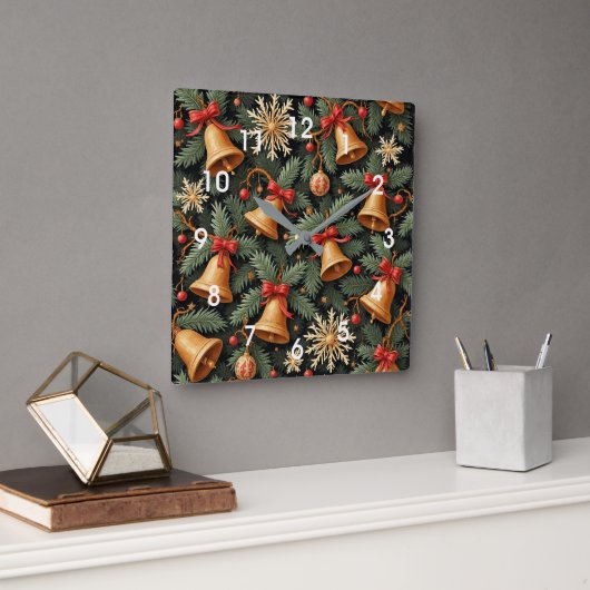 Holiday Bells, Decorative Christmas Pattern, Vierkante Klok (Kantoor)