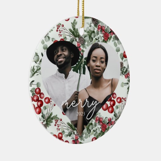 Holiday Berries en Greenery Heart Foto Keramisch Ornament (Rechts)