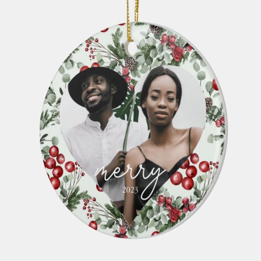 Holiday Berries en Greenery Heart Foto Keramisch Ornament (Links)