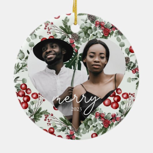 Holiday Berries en Greenery Heart Foto Keramisch Ornament (Achterkant)
