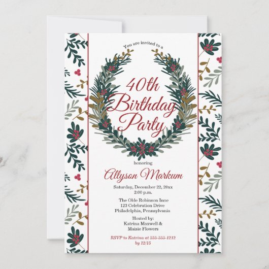 Holiday Berries | Pine Wreath 40th Birthday Party Kaart (Voorkant)
