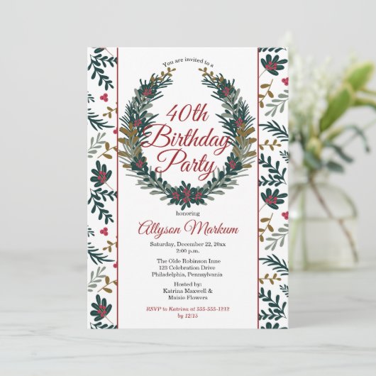 Holiday Berries | Pine Wreath 40th Birthday Party Kaart (Staand voorkant)
